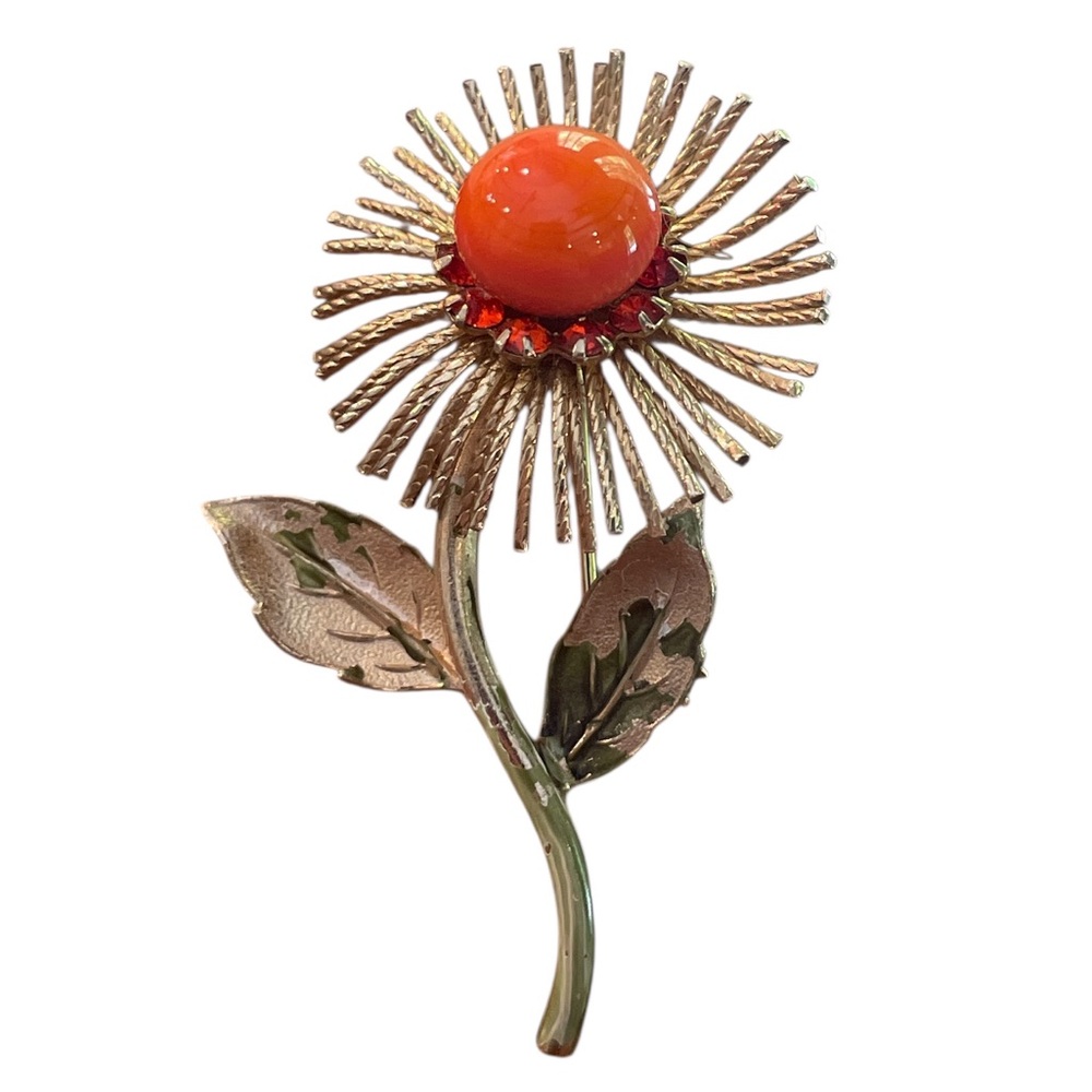 Vintage Warner Orange Flower Brooch Gold Tone Pin Glass Rhinestone